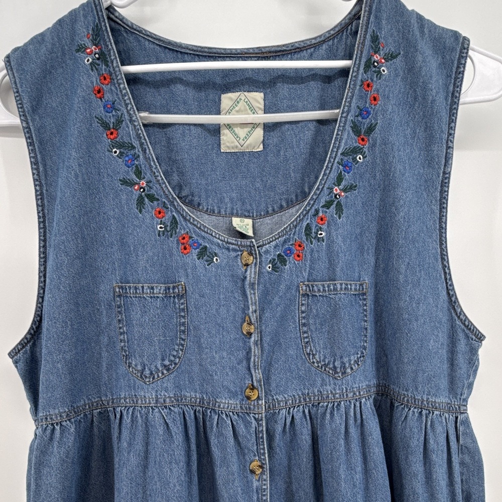VTG denim maxi dress womens 3XL embroidered pockets grandmacore 90s mom folk - Picture 2 of 10